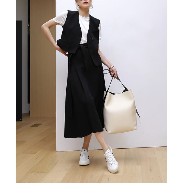 V-Neck Asymmetrical Vest / Midi A-Line Skirt