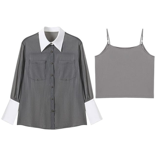 Set: Long-Sleeve Two Tone Sheer Shirt + Camisole Top