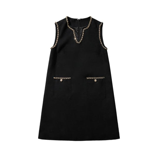 Sleeveless Notched Chained Trim Mini A-Line Dress
