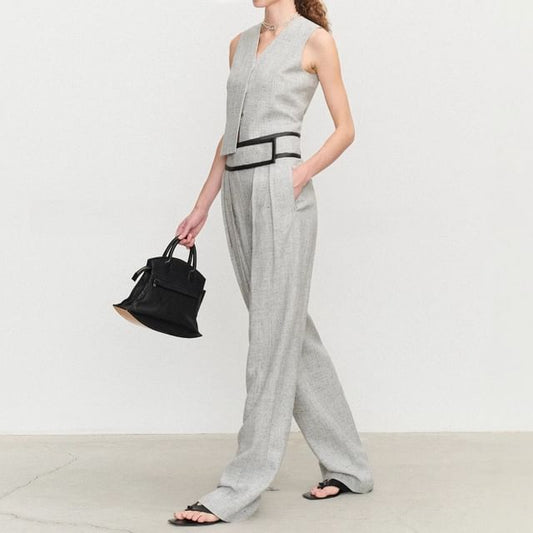 Sleeveless V-Neck Top / High Rise Straight Leg Dress Pants / Skirt