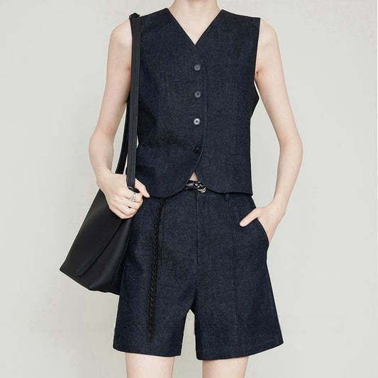 V-Neck Denim Button-Up Vest / Shorts