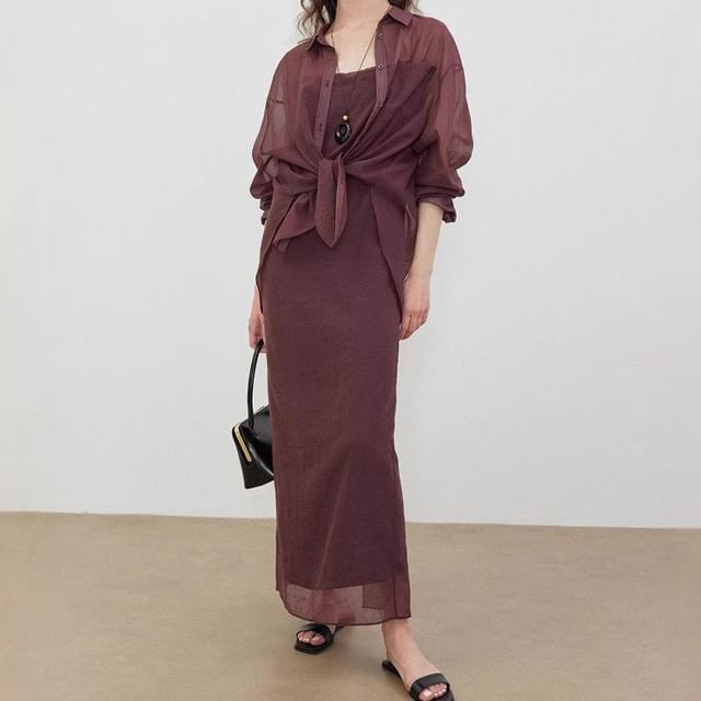 Long-Sleeve sheer Shirt / Spaghetti Strap Maxi Dress