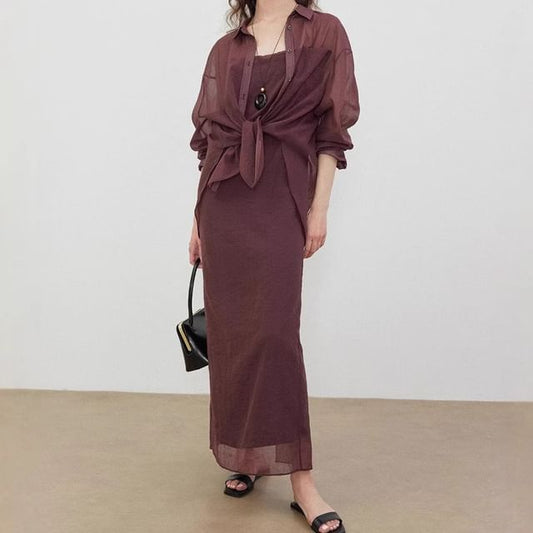 Long-Sleeve sheer Shirt / Spaghetti Strap Maxi Dress