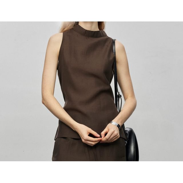 Sleeveless Mock Neck Plain Top / High Waist Wide Leg Pants