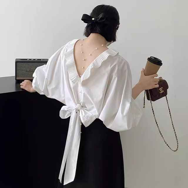 Puff-Sleeve V-Back Plain Crop Blouse