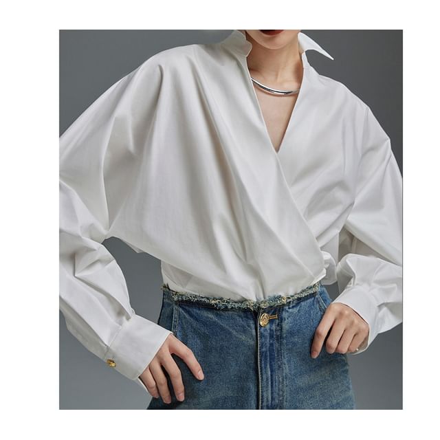 Puff-Sleeve V-Neck Plain Blouse