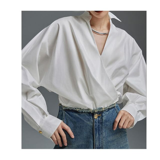 Puff-Sleeve V-Neck Plain Blouse