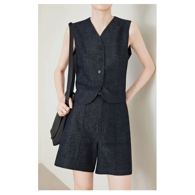 V-Neck Denim Button-Up Vest / Shorts