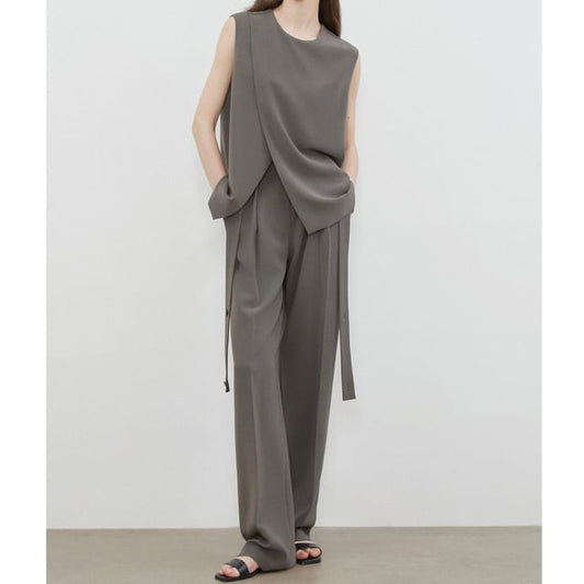 Sleeveless Asymmetrical Top / High Waist Straight Leg Pants