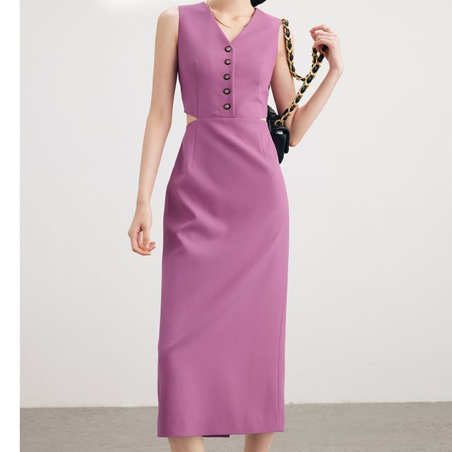 Sleeveless V-Neck Cutout Plain Maxi Sheath Dress
