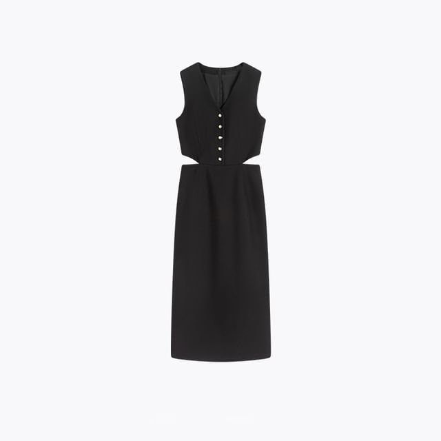 Sleeveless V-Neck Cutout Plain Maxi Sheath Dress