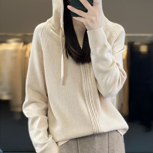 Hooded Plain Knit Zip-Up Jacket