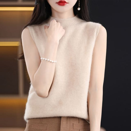 Sleeveless Mock Neck Plain Knit Top