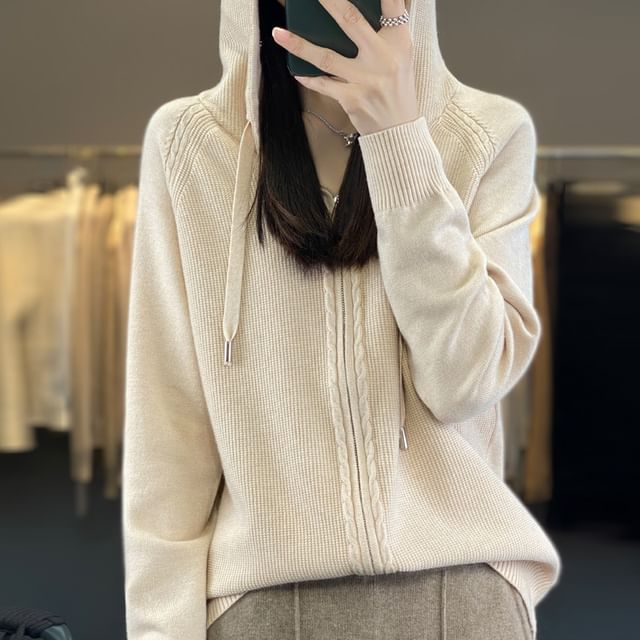 Hooded Plain Knit Zip-Up Jacket