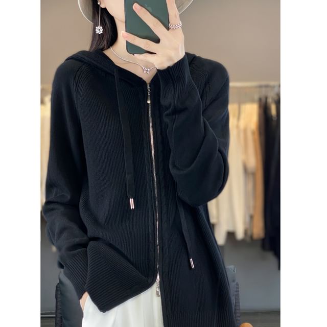 Hooded Plain Knit Zip-Up Jacket