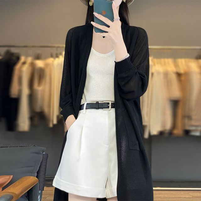 Open Front Plain Long Cardigan