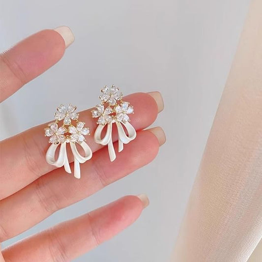 Drop Earring Bow Rhinestone Flower