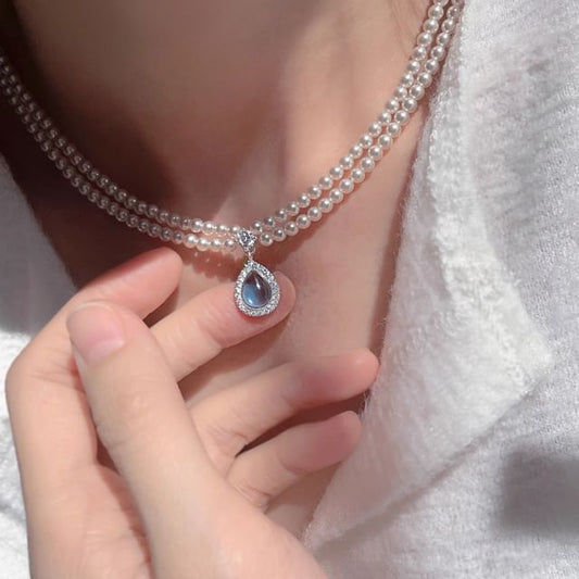 Pearl Necklace Gemstone Pendant Faux Layered