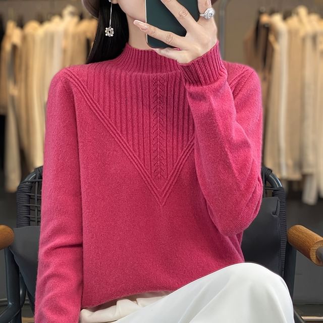 Long-Sleeve High Neck Plain Ribbed Sweater