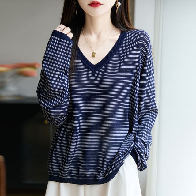 Long-Sleeve V-Neck Striped T-Shirt