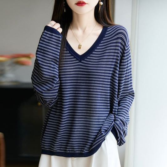 Long-Sleeve V-Neck Striped T-Shirt