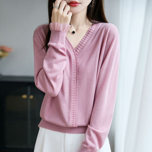 Long-Sleeve V-Neck Plain Mesh Ruffle Sweater