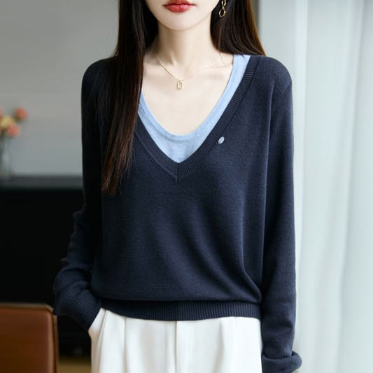 Mock Two-Piece Long-Sleeve V-Neck Two-Tone Sweater
