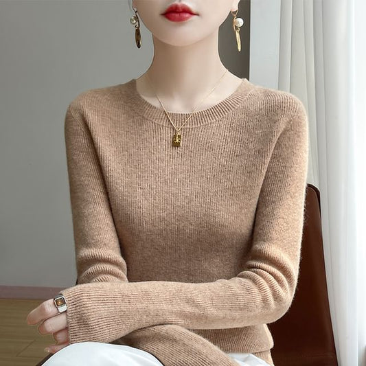 Long-Sleeve Crew Neck Plain Ribbed Knit Top