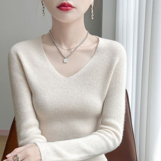 Long-Sleeve V-Neck Plain Ribbed Sweater