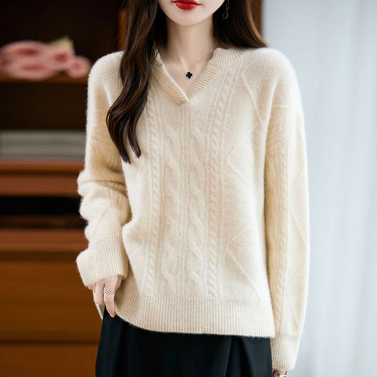 Long-Sleeve V-Neck Plain Cable Knit Sweater