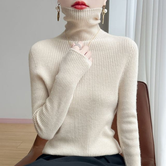 Long-Sleeve High Neck Plain Ribbed Knit Top