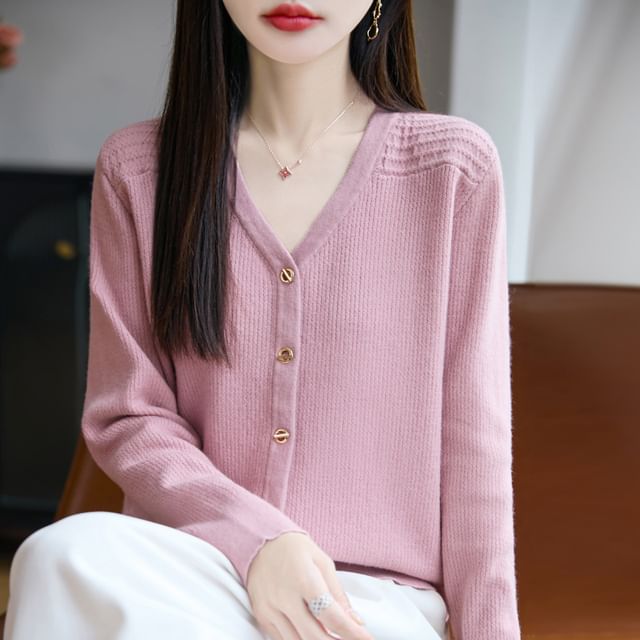 V-Neck Plain Ribbed Button-Up Cardigan