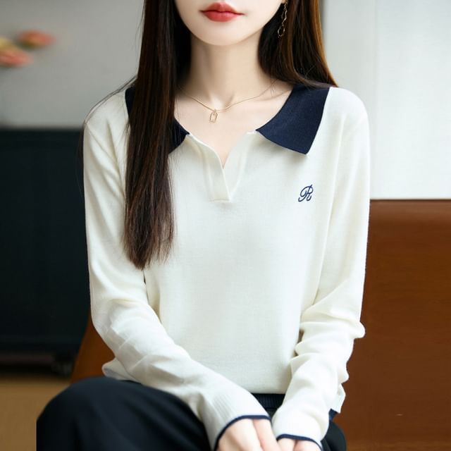 Long-Sleeve Contrast Collar Letter Embroidered Sweater
