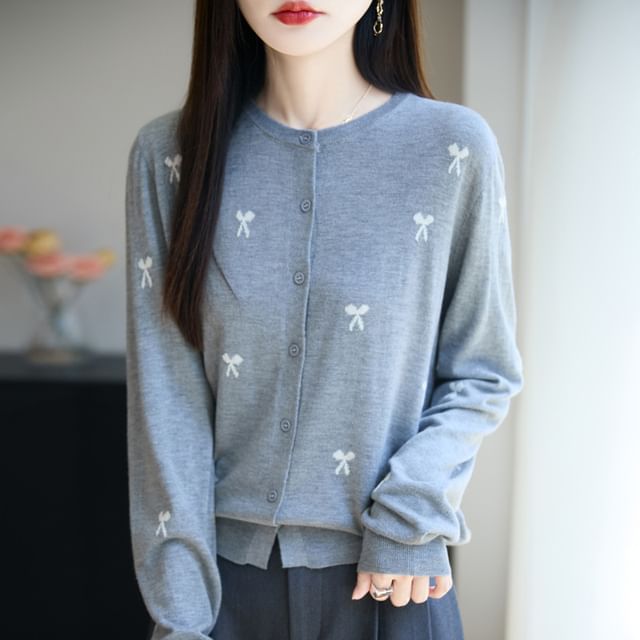 Bow Embroidered Button-Up Cardigan