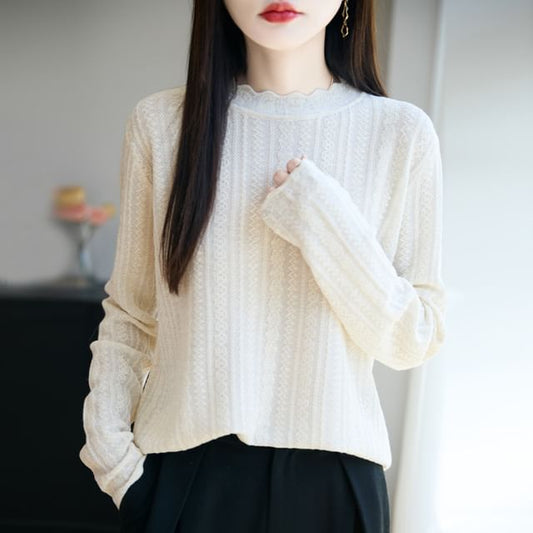Long-Sleeve High Neck Plain Lace Trim Knit Top