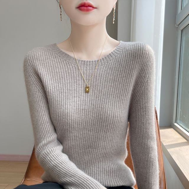 Long-Sleeve Round Neck Plain Ribbed Knit Top