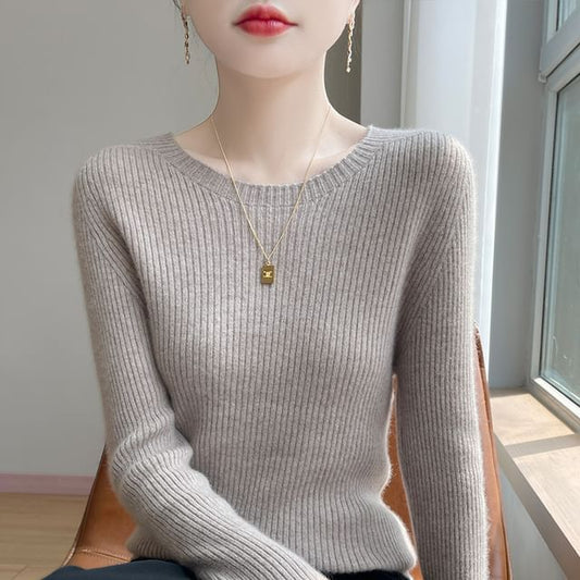 Long-Sleeve Round Neck Plain Ribbed Knit Top