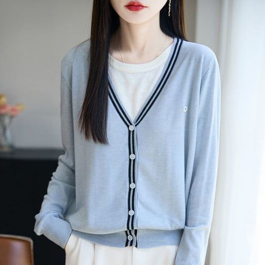 Mock Two-Piece Contrast Trim Button-Up Cardigan