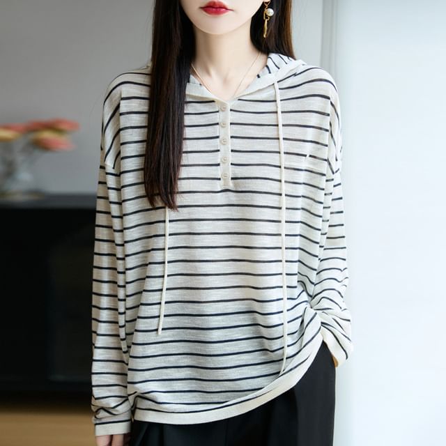 Long-Sleeve Striped Hooded Henley Tee