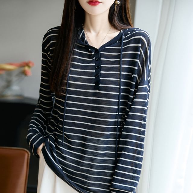 Long-Sleeve Striped Hooded Henley Tee
