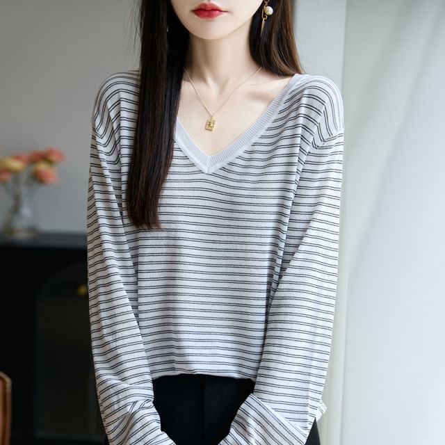 Long-Sleeve V-Neck Striped T-Shirt