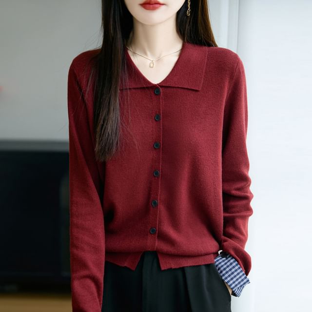 Plain Collared Button-Up Cardigan