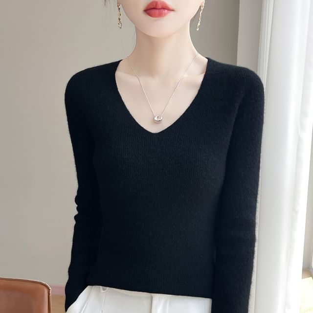 Long-Sleeve V-Neck Plain Ribbed Sweater
