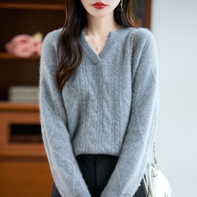 Long-Sleeve V-Neck Plain Cable Knit Sweater