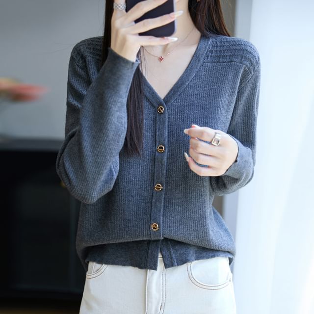 V-Neck Plain Ribbed Button-Up Cardigan