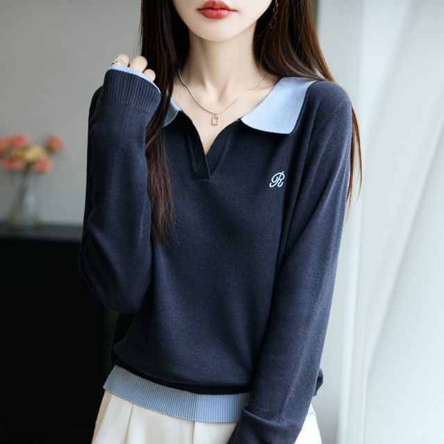 Long-Sleeve Contrast Collar Letter Embroidered Sweater