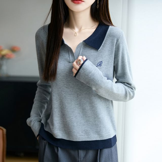 Long-Sleeve Contrast Collar Letter Embroidered Sweater