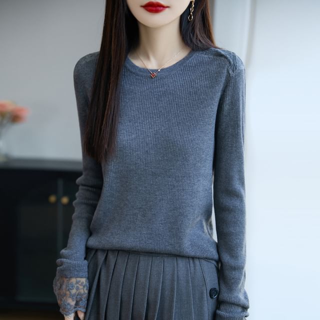 Long-Sleeve Round Neck Plain Ribbed Lace Panel Knit Top
