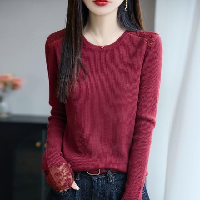 Long-Sleeve Round Neck Plain Ribbed Lace Panel Knit Top