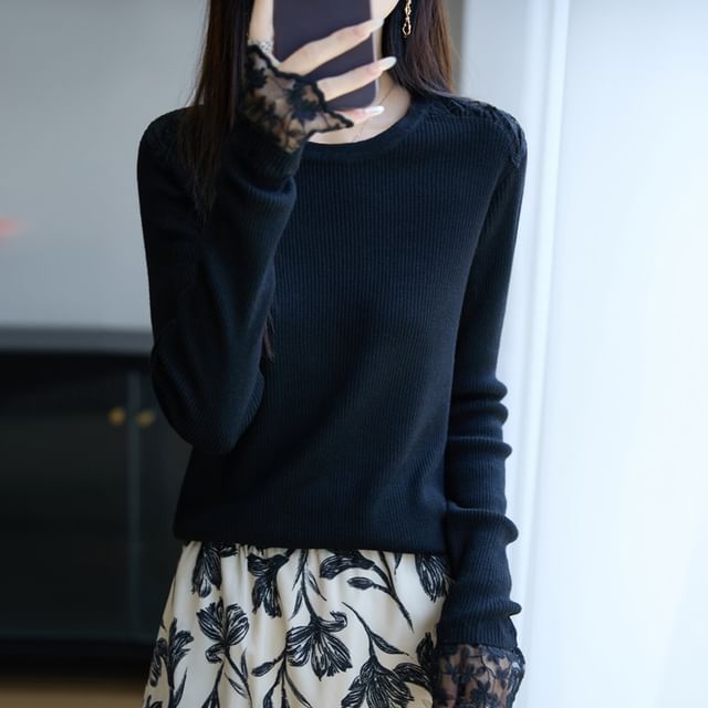 Long-Sleeve Round Neck Plain Ribbed Lace Panel Knit Top